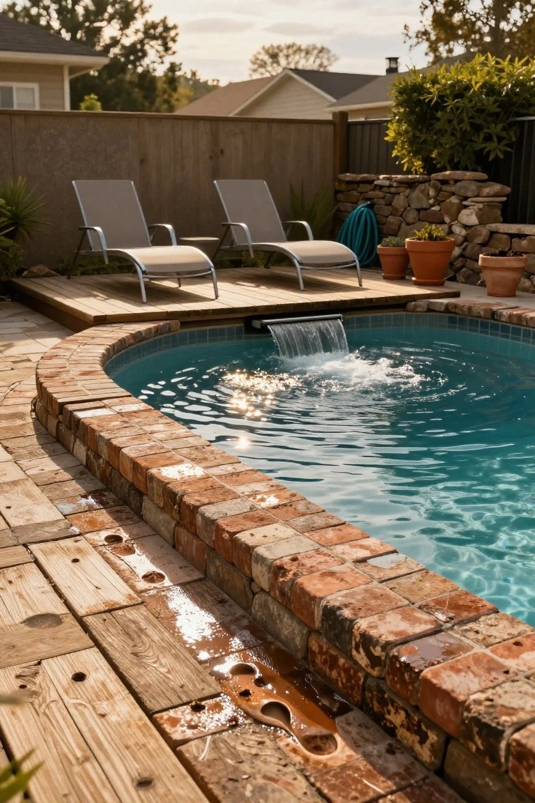 Semi-Inground Pool with Brick Edge and Wood Deck