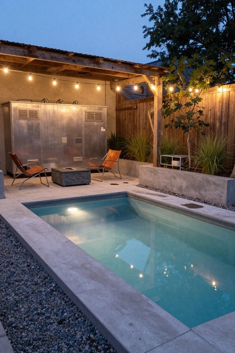 Small semi-inground pool with turquoise water and underwater lights, edged in concrete with pebble surround, adjacent to two leather lounge chairs, a stone fire pit table, and plants under a wooden pergola strung with lights in a backyard at dusk.