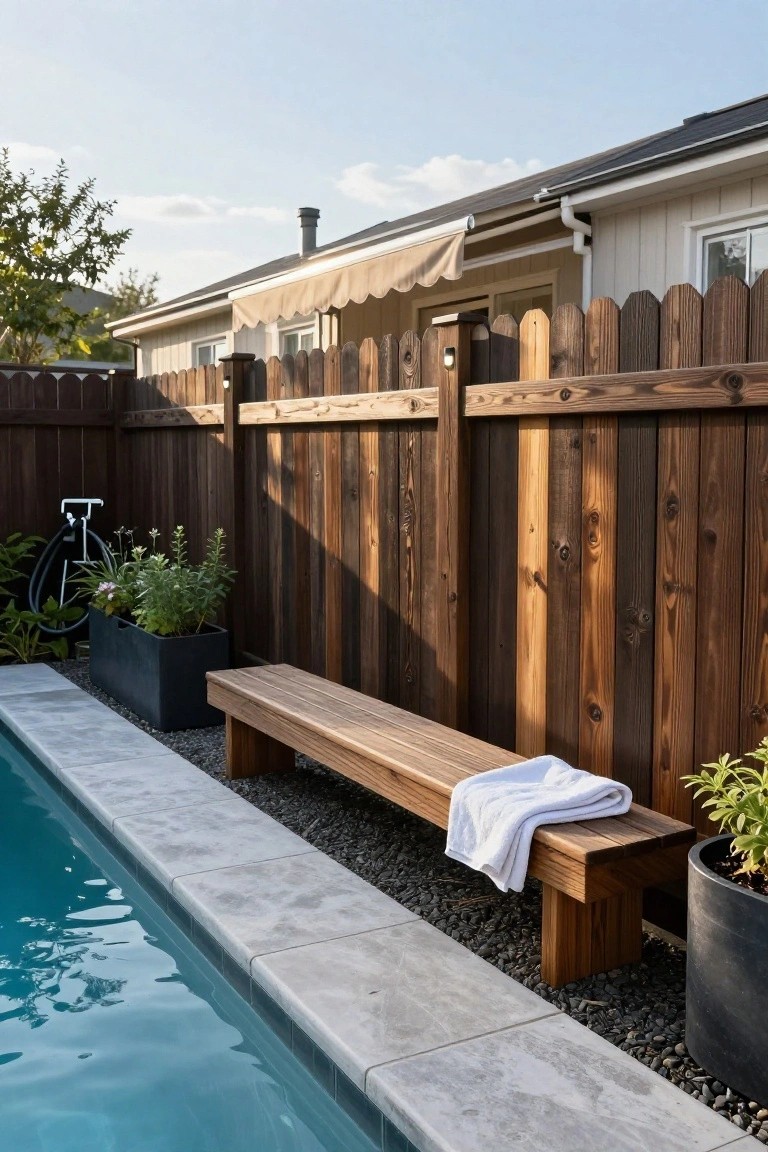 Wooden bench with white towel on top positioned next to the edge of a turquoise semi-inground pool, with black planters, gravel ground cover, and a tall wooden fence in the background.