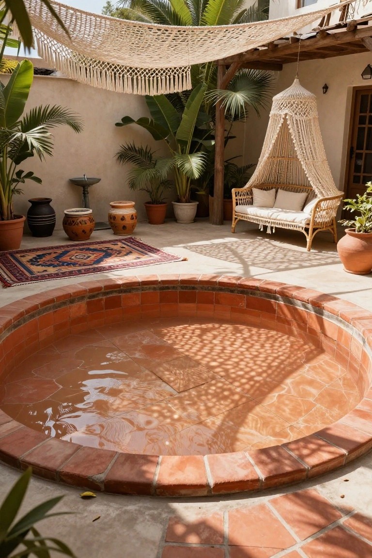 Circular semi-inground pool with terracotta tiles in a tropical courtyard featuring lush plants, rattan furniture, macrame hangings, clay pots, and a woven rug.