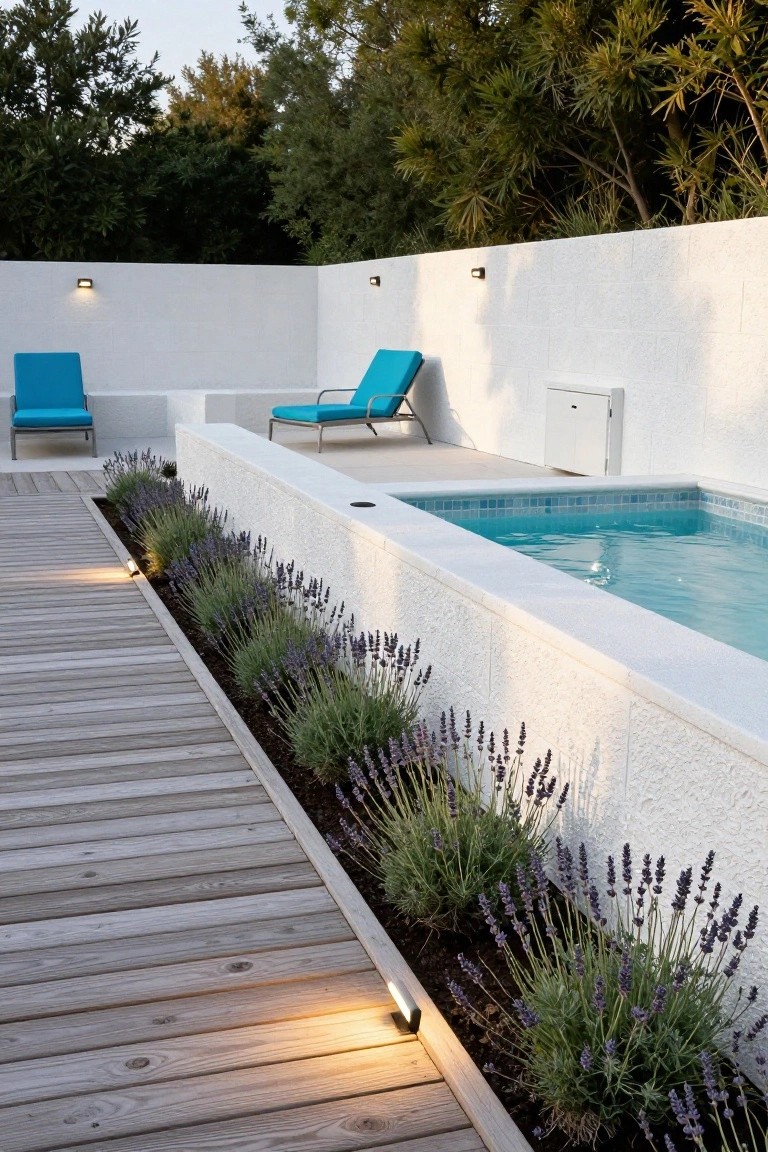 Wooden deck path bordered by lavender plants next to a small rectangular semi-inground pool with blue tiles, white walls, and turquoise lounge chairs nearby.