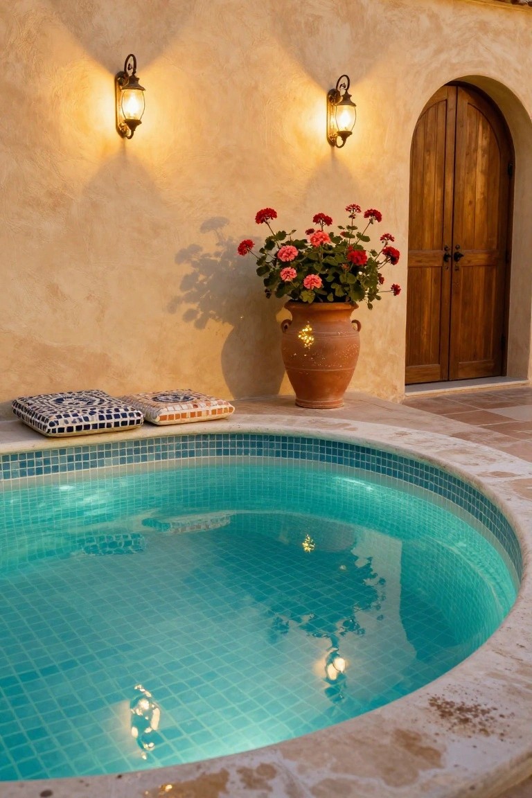 A small round turquoise mosaic-tiled hot tub with glowing underwater lights next to a beige stucco wall, flanked by wall lanterns, a large terracotta pot of red geraniums, colorful cushions on the edge, and a wooden arched door.