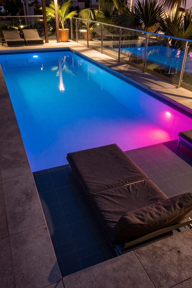 Nighttime photo of a rectangular pool lit from underwater in shades of blue and magenta, with a brown lounge chair on the adjacent tiled deck, glass railing around the pool, potted palms, and lounge seating in the background.