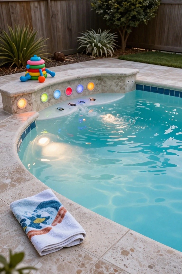 Backyard pool with multi-colored underwater lights glowing in curved stone steps, stacking toy on the edge, plants and wood fence in background, folded towel on beige tile deck next to blue-green water.