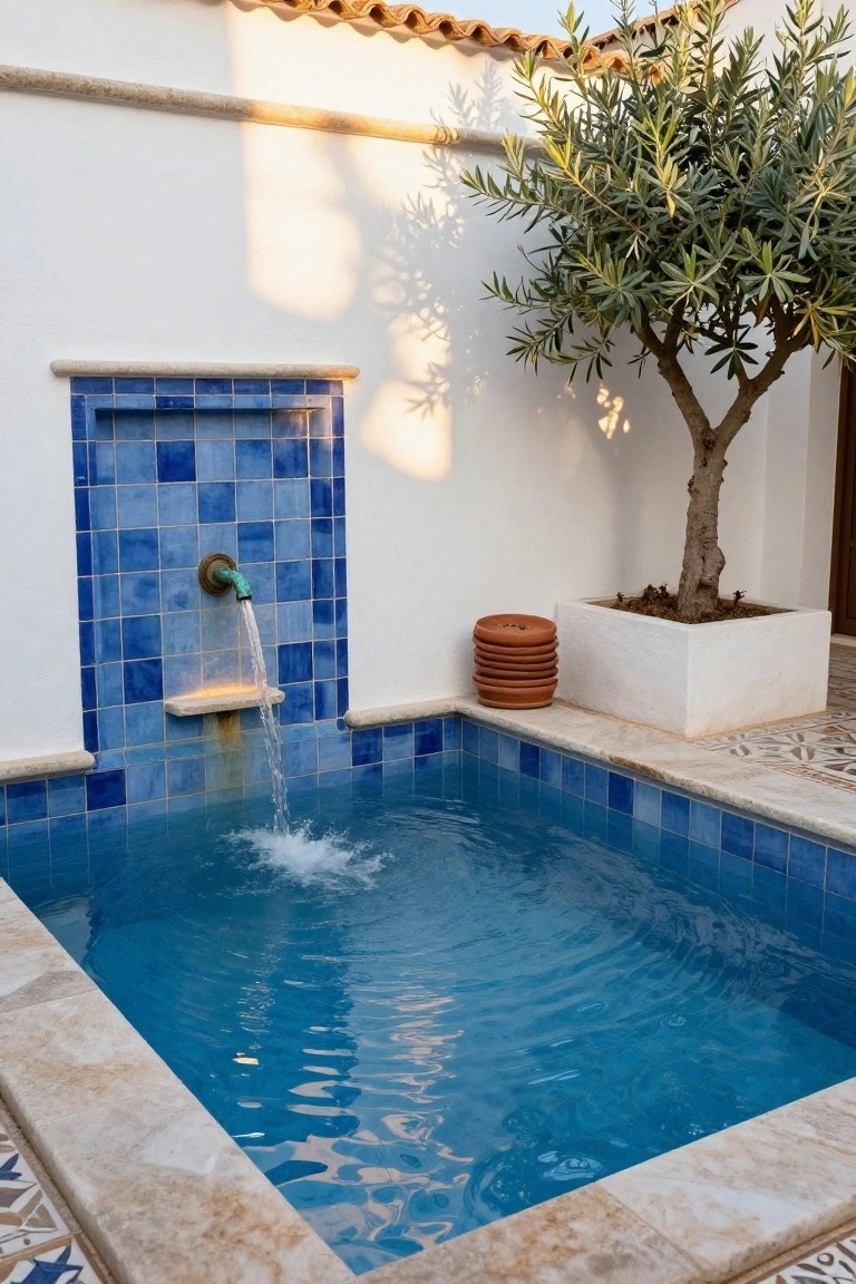Small rectangular pool with blue mosaic tiles and clear blue water, fed by a stream from a green hose faucet mounted on a matching blue-tiled wall fountain, next to a potted olive tree and stacked terracotta pots in a white-walled courtyard with terracotta tile flooring.