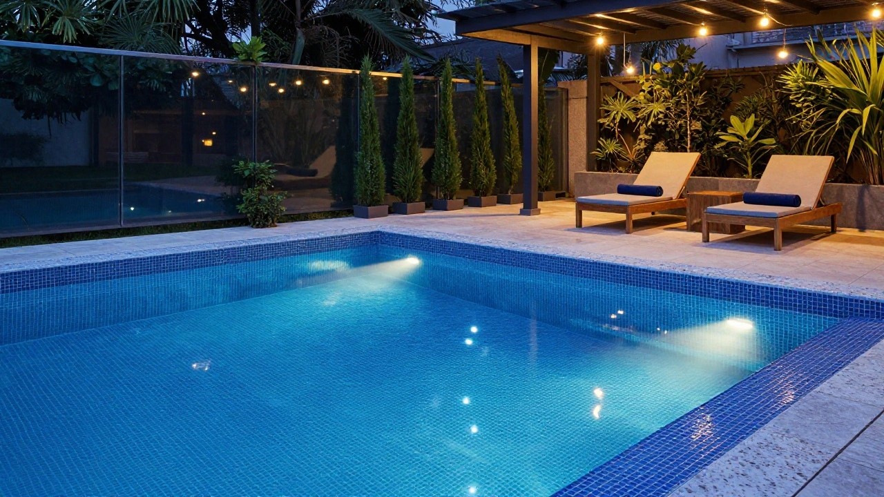 Rectangular pool with blue mosaic tiles and bright underwater lighting creating a turquoise glow at twilight, beside a wooden lounger draped with towels, a white bench with edge lighting, tropical plants, and a tall blue tiled wall.