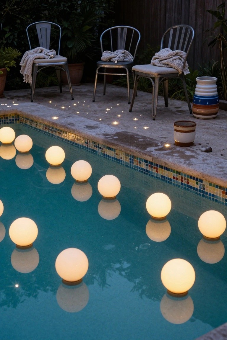 Backyard pool with multiple white spherical lights floating on the turquoise water surface, reflections below, metal chairs with gray blankets and potted plants on the surrounding patio at dusk.