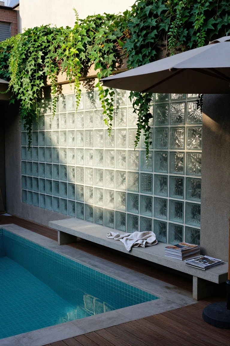 Close-up view of a turquoise-tiled pool next to a concrete bench with folded towel and stacked magazines, adjacent to a tall glass block wall partially covered in green ivy, with wooden decking and a beige umbrella nearby.