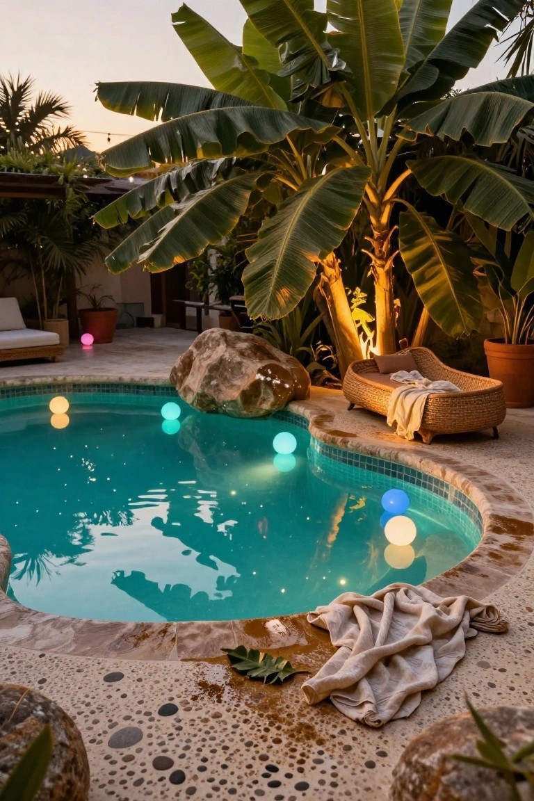 Turquoise pool at dusk with yellow, blue, and white glowing balls floating in the water, surrounded by large rocks, tropical plants, rattan lounger with blanket, and pebble decking.