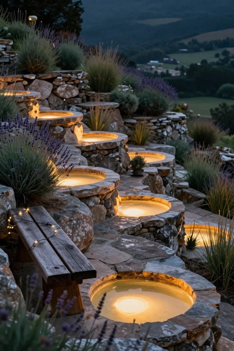Terraced stone steps on a hillside with multiple circular stone basins filled with lit water, surrounded by lavender plants and ornamental grasses, a wooden bench with string lights nearby, viewed at dusk.
