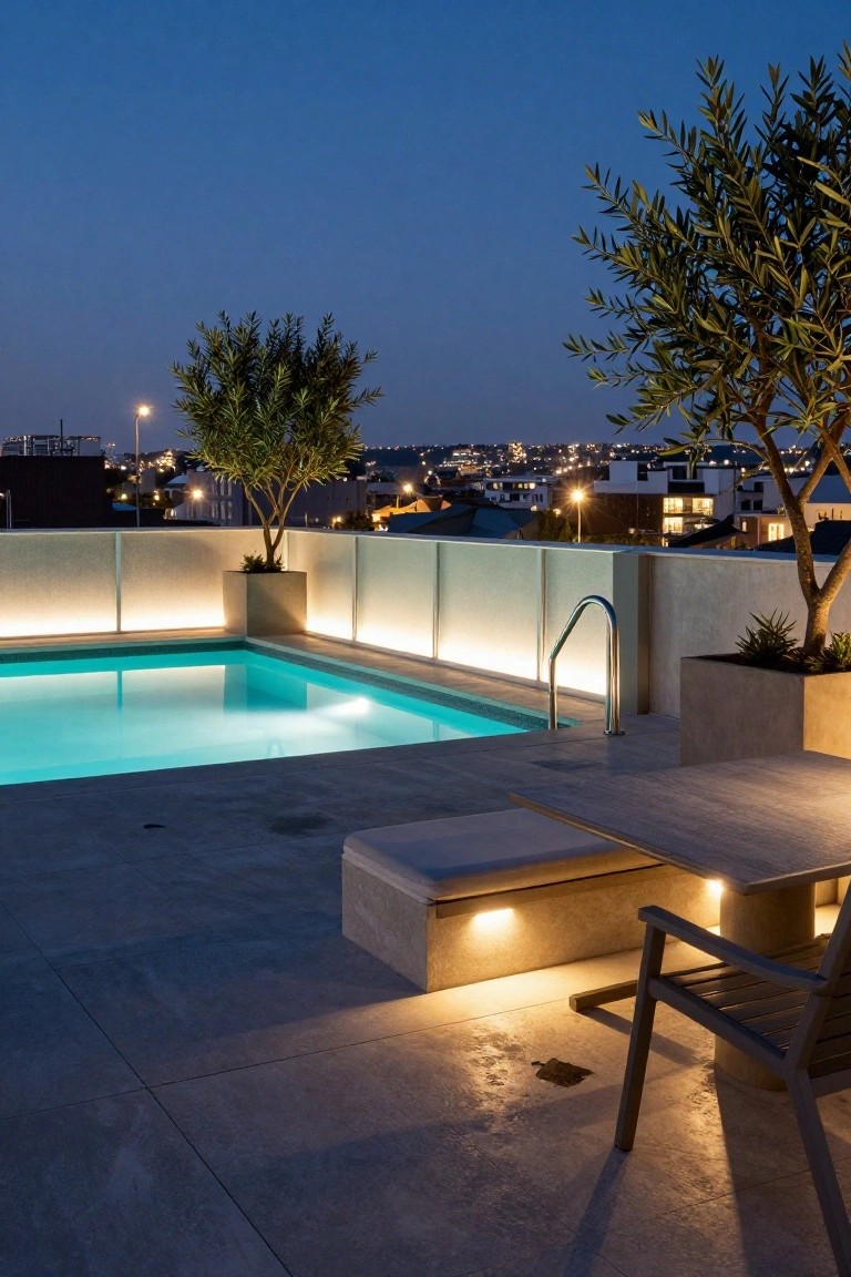Rooftop terrace pool with bright turquoise underwater lighting at dusk, adjacent lounge chair and bench on gray tile decking, potted olive trees, white privacy walls, and distant city lights.
