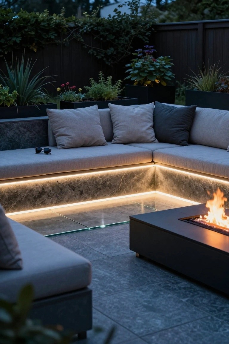 Corner L-shaped outdoor seating with built-in gray upholstered benches on marble bases illuminated by LED strips underneath, surrounding a rectangular black fire pit table with gas flames, potted plants nearby, wooden fence and greenery in background at dusk.