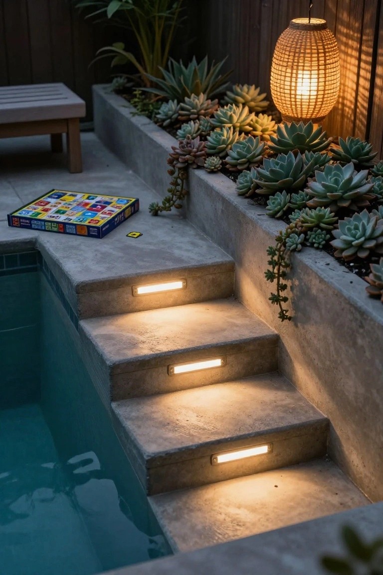 Concrete steps descending into a turquoise pool, each with a recessed horizontal LED light strip glowing warmly, surrounded by succulent-filled planters, a wooden bench, hanging lantern, and a colorful board game box on the ground.