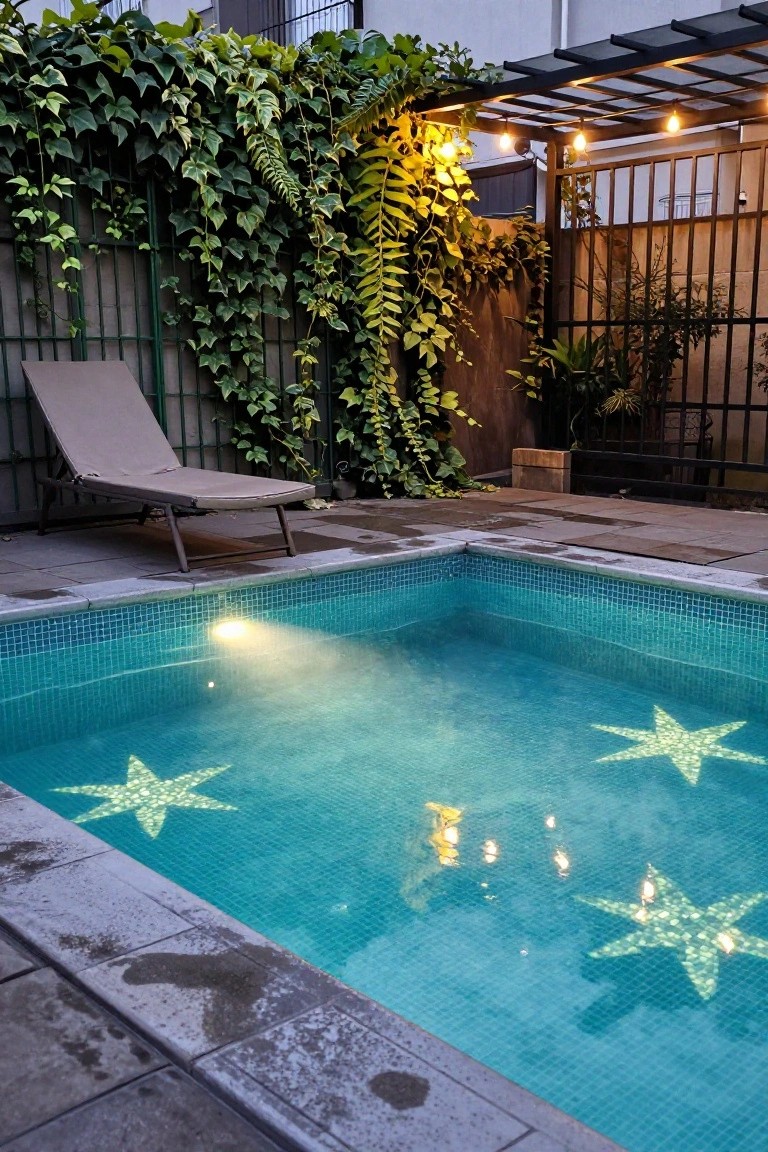 Backyard pool at dusk with glowing star-shaped lights illuminating the tiled bottom, a lounge chair nearby, ivy-covered fences, potted plants, and string lights on a pergola.