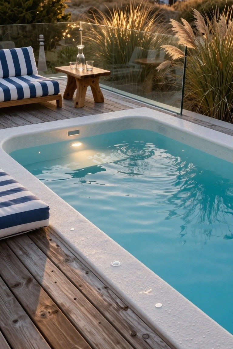 Small rectangular pool with glowing turquoise water and underwater lighting on a wooden deck, next to blue-striped lounge cushions and a wooden side table with glasses, pampas grass and glass railing in the background at sunset.