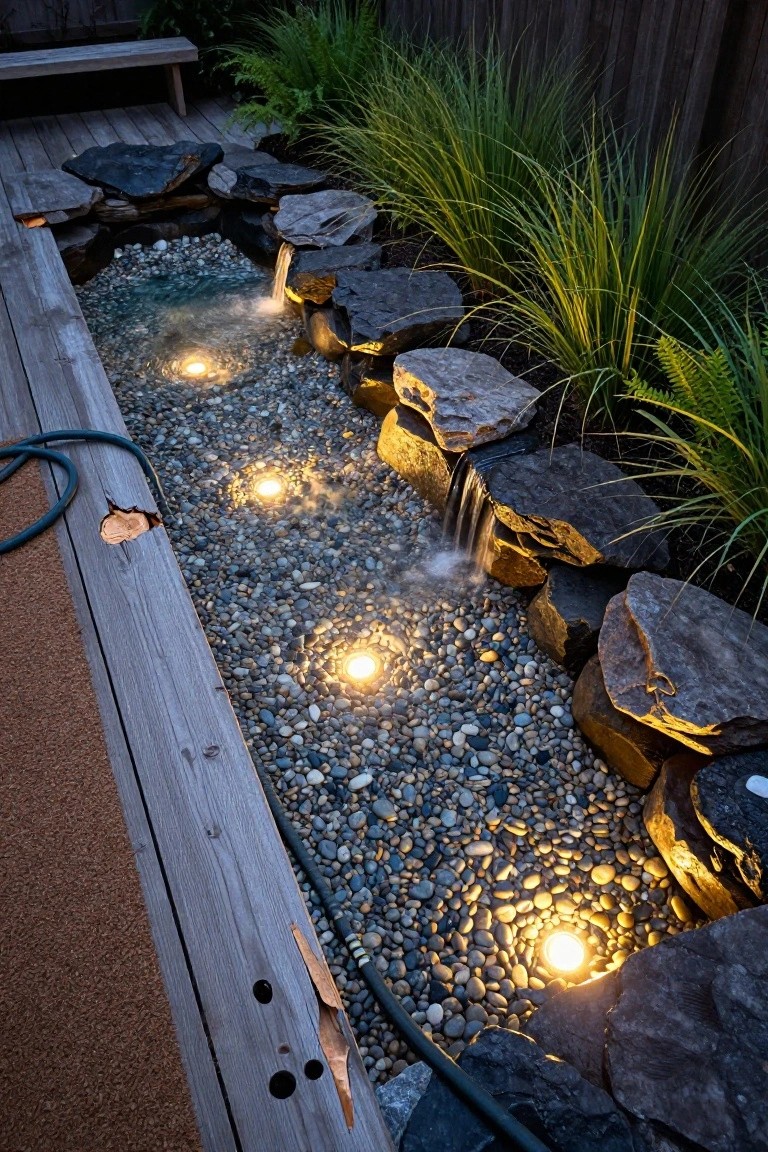 A shallow backyard pool filled with pebbles and water, featuring multiple recessed underwater lights emitting warm yellow glows, surrounded by stacked rocks, waterfalls, plants, and wooden decking.