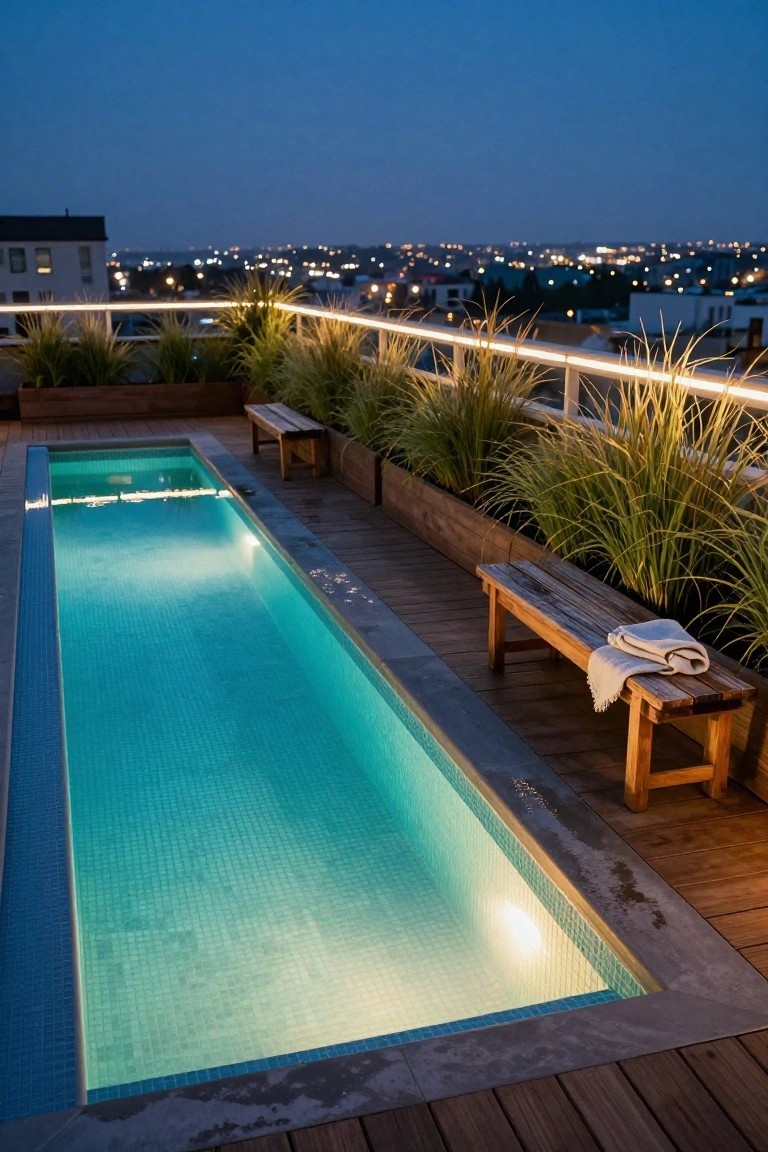 Narrow rectangular pool on a wooden rooftop deck at dusk, glowing bright blue from underwater lights, surrounded by potted tall grasses, a wooden bench with a white towel, and distant city lights visible over a glass and metal railing.