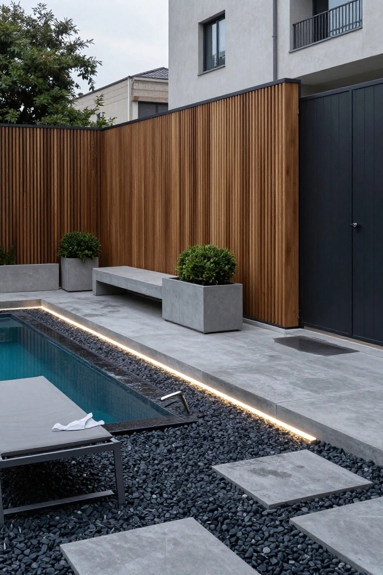 Outdoor pool with turquoise water lit by thin LED strips along the edges, gray concrete pavers, black pebbles surrounding the pool, a lounge chair, concrete bench, potted boxwood plants, and vertical wooden fence beside a dark metal gate.