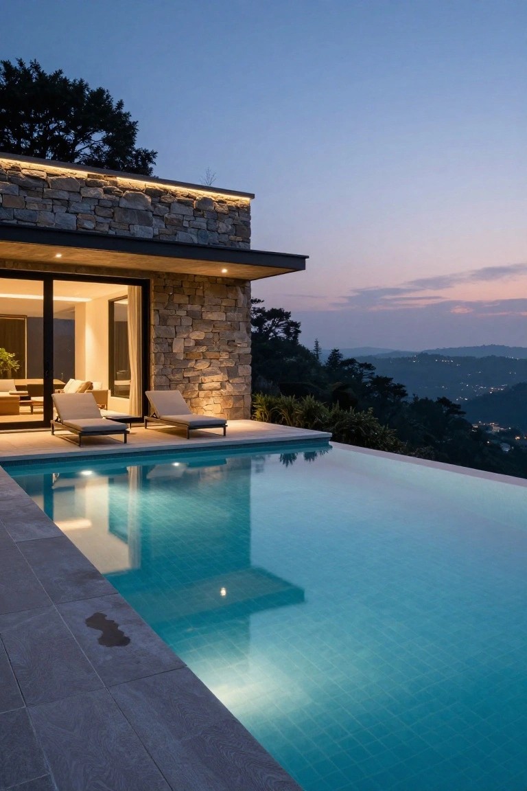Modern house with stone walls and glass doors opening to a terrace with two lounge chairs beside an infinity pool lit from underwater at dusk, overlooking tree-covered hills.