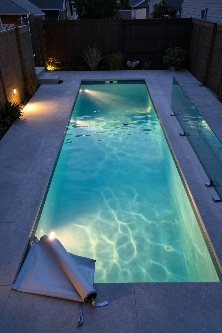 Narrow rectangular inground pool at night with glowing turquoise water from underwater lights, gray tiled deck, rolled gray pool cover on the edge, glass pool fencing, wooden privacy fences, and perimeter landscape lighting.