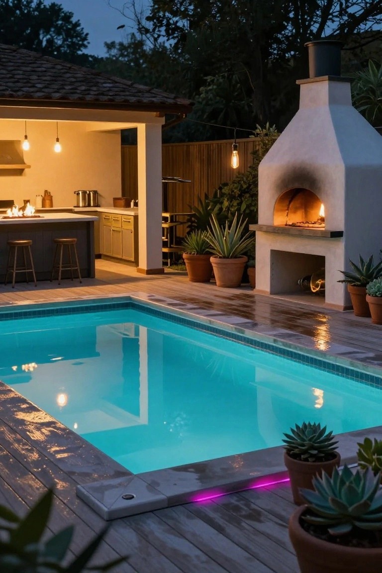 Nighttime view of a rectangular inground pool glowing with bright blue underwater lights, next to a wooden deck, outdoor kitchen with bar stools, lit pizza oven, potted plants, and string lights.