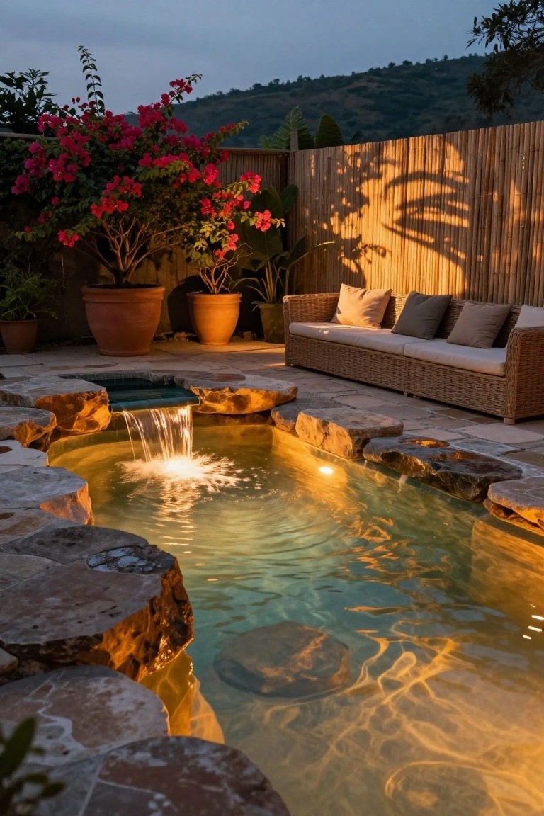 Small outdoor pool with natural stone edges and a waterfall, glowing from underwater lights at dusk, adjacent to a rattan sofa, potted plants, and bamboo fence.