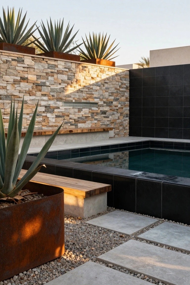Small rectangular pool with black tile edges and surround, adjacent wood bench, metal planters holding agave plants, light stone wall backdrop, concrete pavers, gravel ground cover, and several agaves in raised metal planters under a clear sky.