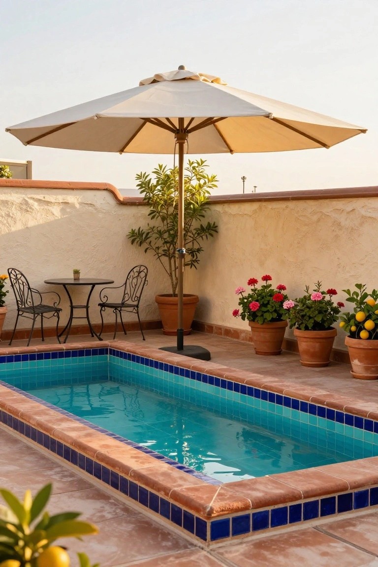 Small rectangular plunge pool with bright blue tiles and terracotta coping and flooring on a rooftop terrace, featuring potted plants, a beige umbrella, and a black metal bistro table with two chairs.