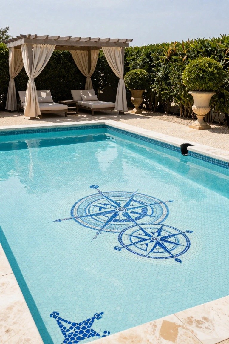 Rectangular pool with two blue mosaic compass rose designs on the light blue tiled bottom, travertine decking, lounge chairs under a fabric-draped pergola, potted plants, and green hedges in the background.