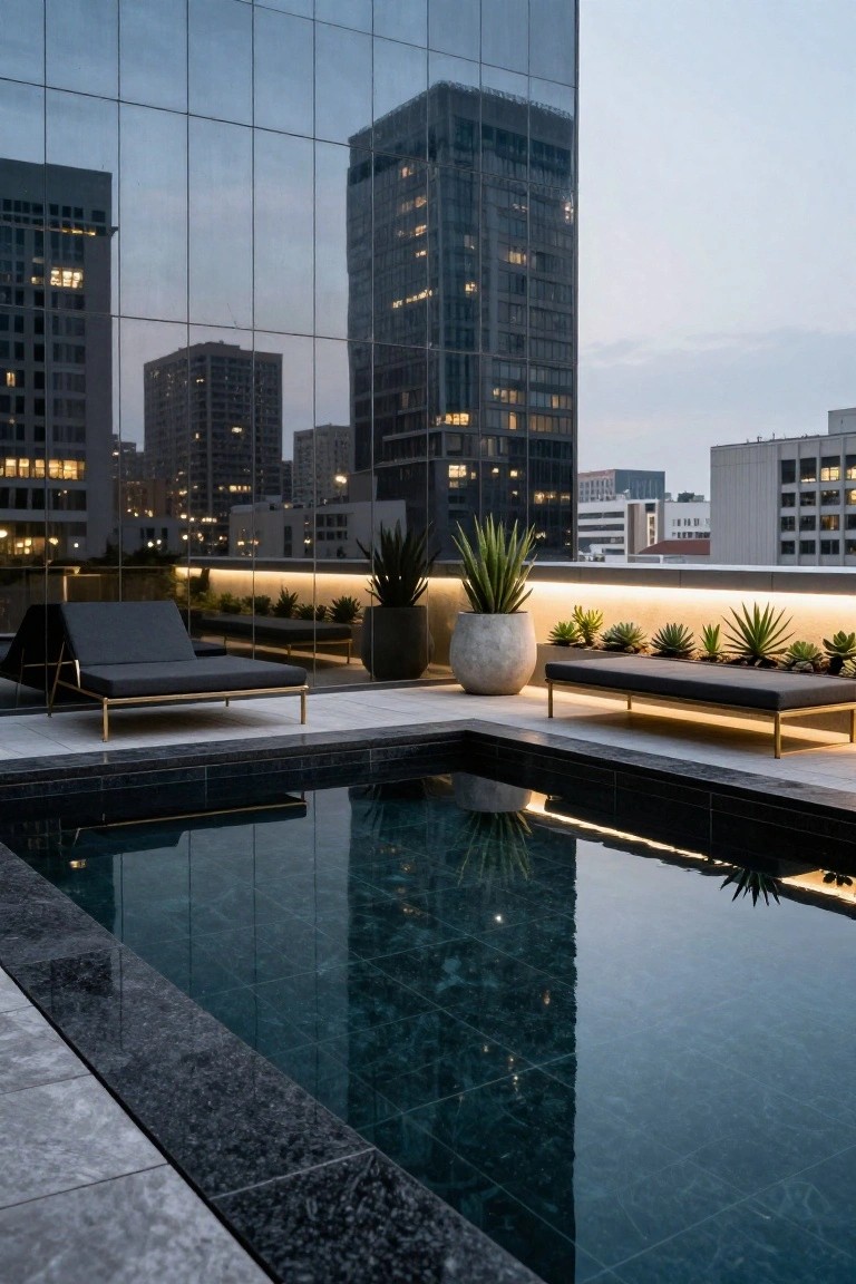 Rooftop pool with dark green-black glossy tiles, black stone coping, potted agave plants, black lounge chairs, LED edge lighting, and reflections of glass skyscrapers at dusk.