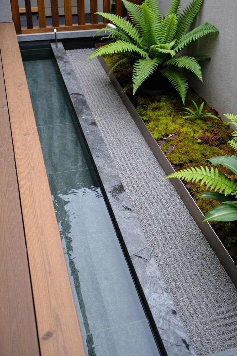 Narrow linear outdoor pool with dark gray slate tiles on the bottom and sides, bordered by wooden decking and a raked gravel zen garden with ferns, moss, and metal edging.