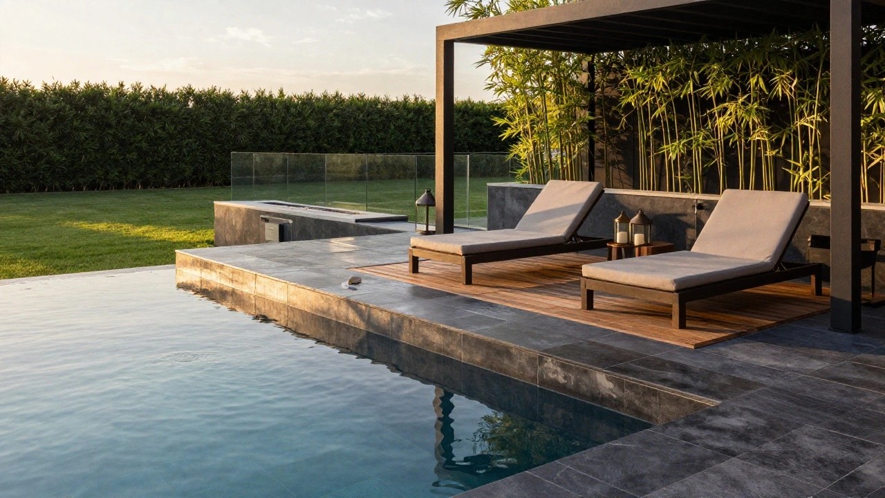 Outdoor pool with dark gray marbled tile surround, wooden deck platform extending over one edge, gray loungers under black metal pergola, bamboo screens, and hedges in background at dusk.