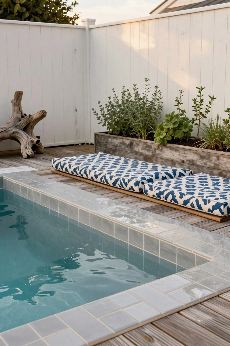 Small rectangular pool with light gray subway-style tiles on edges and walls, turquoise water, wooden deck nearby holding navy patterned cushions, wooden planter with plants, driftwood sculpture, and white fence in background.