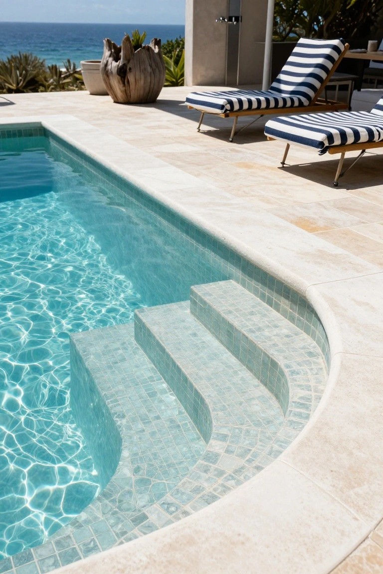 Close-up of a pool with curved steps covered in small teal mosaic tiles, clear rippling water, beige travertine decking edge, and striped loungers nearby against an ocean backdrop.