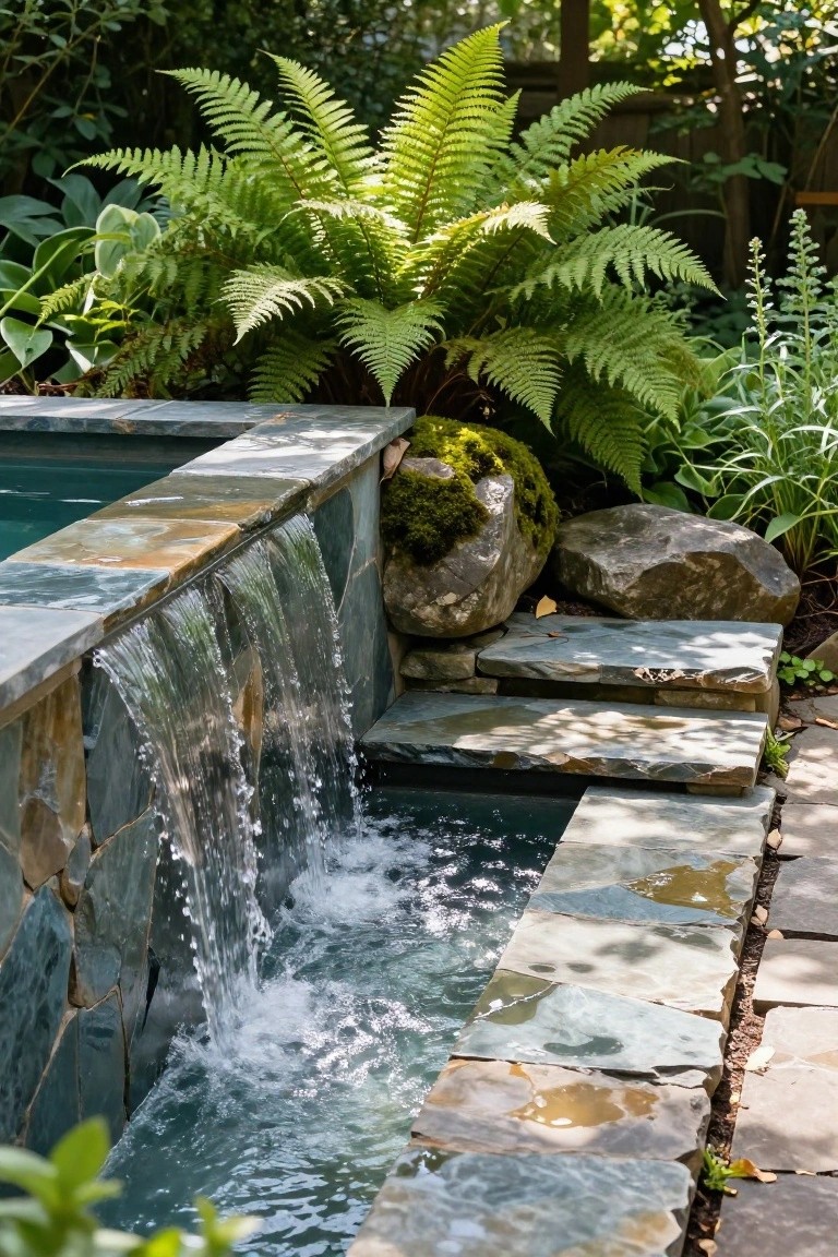 Pool edge built with irregular slate tiles forming a low wall, water cascading over the edge into turquoise pool water below, surrounded by moss-covered rocks, ferns, and stone steps.