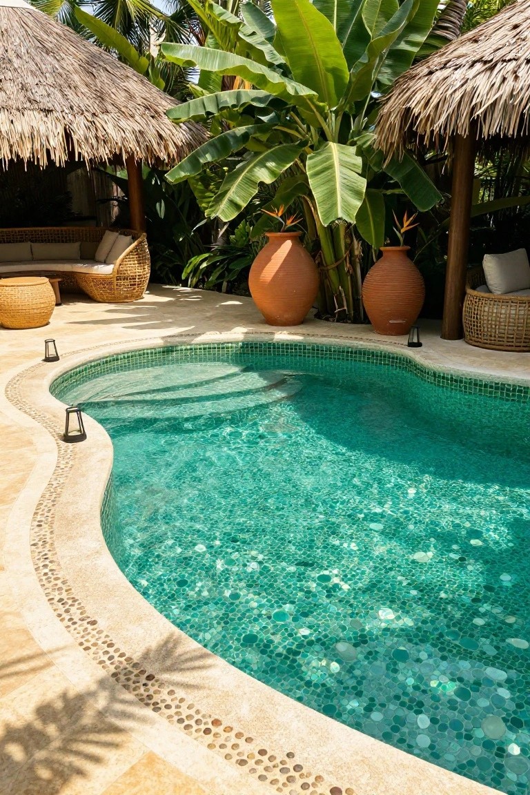 Curved swimming pool with turquoise mosaic tile lining, beige stone decking edged with pebbles, rattan lounge seating under thatched cabanas, surrounded by tropical plants and large terracotta pots.