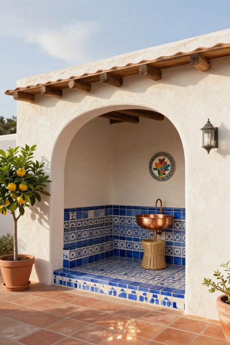 Outdoor arched alcove built into white stucco wall with blue patterned tiles on walls and steps, copper sink basin, woven basket, colorful wall plate, lantern light, potted lemon tree, and terracotta tile patio.