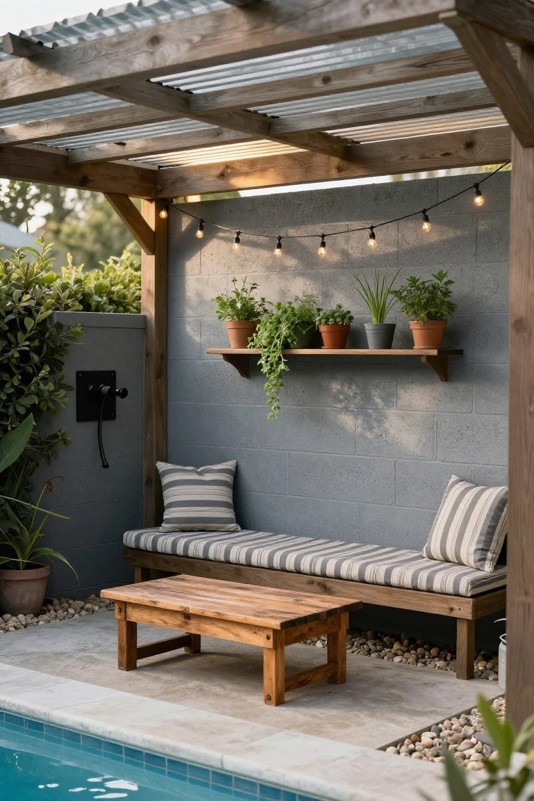 Wooden pergola with corrugated metal roof over a built-in bench with striped cushions and wooden coffee table next to a pool, with potted plants on a wall shelf, string lights, and pebble ground cover.