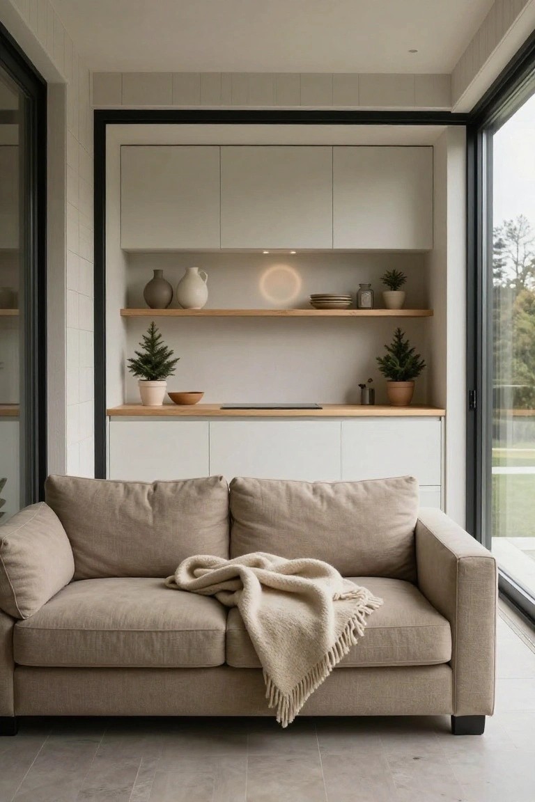 Modern pool house interior with beige sofa and cream throw blanket, white lower cabinets topped by wood counter and open shelves holding gray and white vases, plates, small Christmas trees in pots, and glass doors to outdoor lawn.