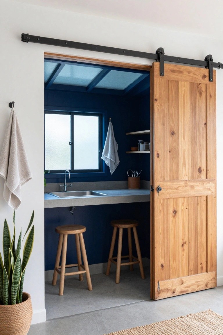 Open wooden sliding barn door revealing navy blue interior with sink, concrete countertop, two wooden stools, hanging towels, shelves with jars and utensils, window, and potted snake plant outside.