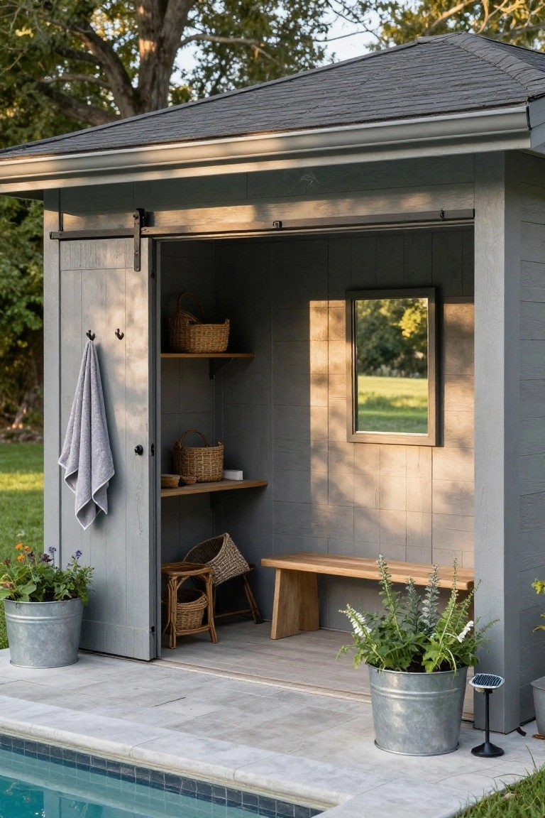 Gray shingled pool house cabana with open sliding barn door revealing interior wooden shelves stocked with baskets, a hanging towel, bench, chair, and mirror, flanked by metal bucket planters on a concrete patio next to an in-ground pool.
