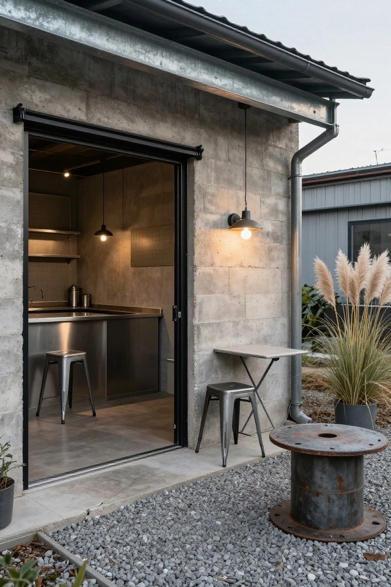 Exterior of a small building with exposed gray concrete block walls, corrugated metal roof, open black sliding door showing stainless steel kitchenette and metal stools inside, small metal table and stools outside on gravel ground with pampas grass plants nearby.