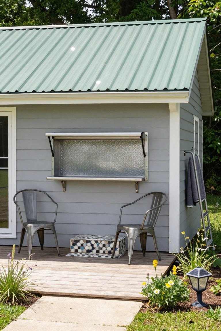 Gray clapboard pool house with green corrugated metal roof and flip-out hammered metal serving window on the side, flanked by two metal chairs on a wooden deck porch, towel rack with gray towels, outdoor shower head, and nearby plants and path.