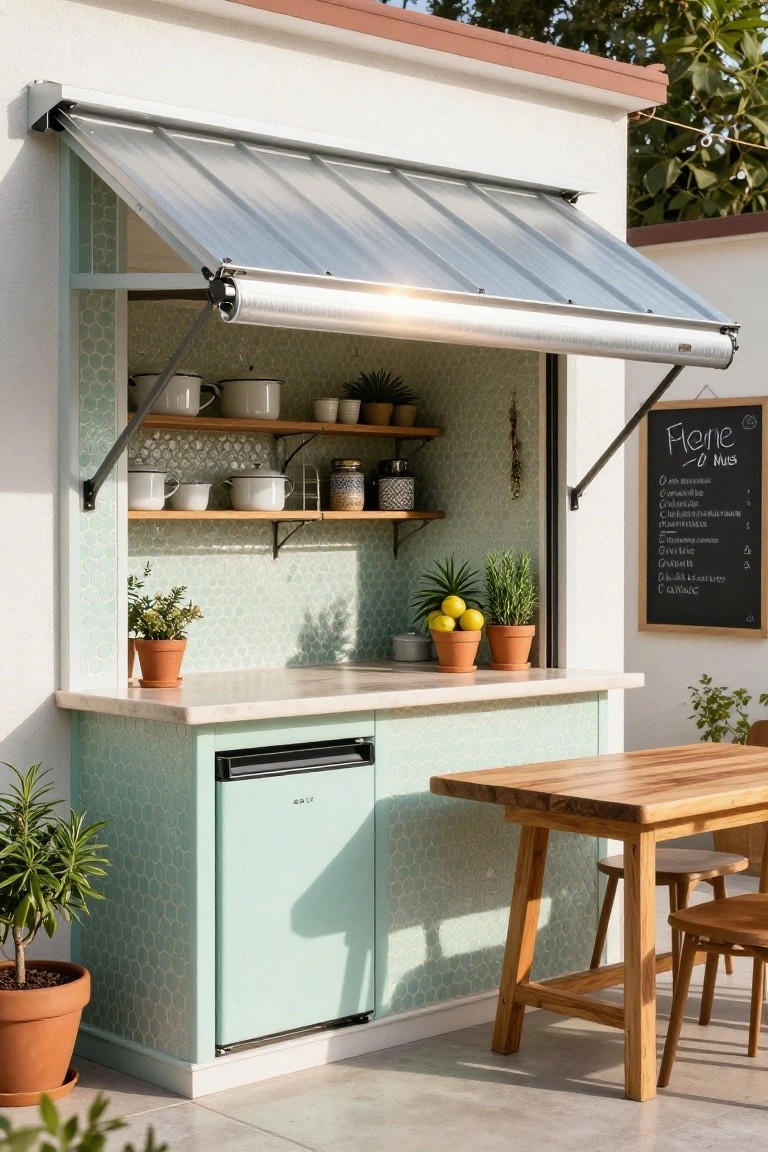 Mint green hexagonal tiled pool house wall with open serving window showing shelves of dishes and jars, countertop with potted plants and lemons, under-counter fridge, wooden table and chairs outdoors under retractable metal awning.