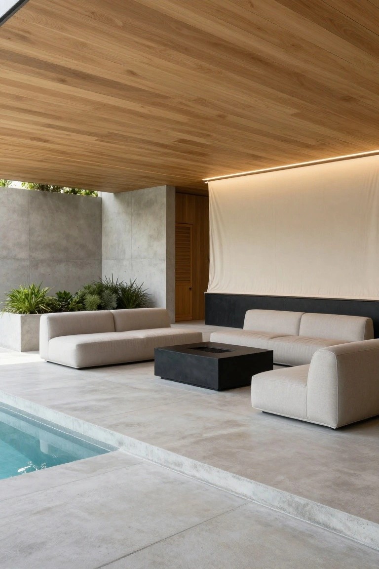 Outdoor lounge on a concrete terrace with two beige modular sofas arranged around a square black fire table next to a pool edge, under a wooden ceiling with plants against a concrete wall.