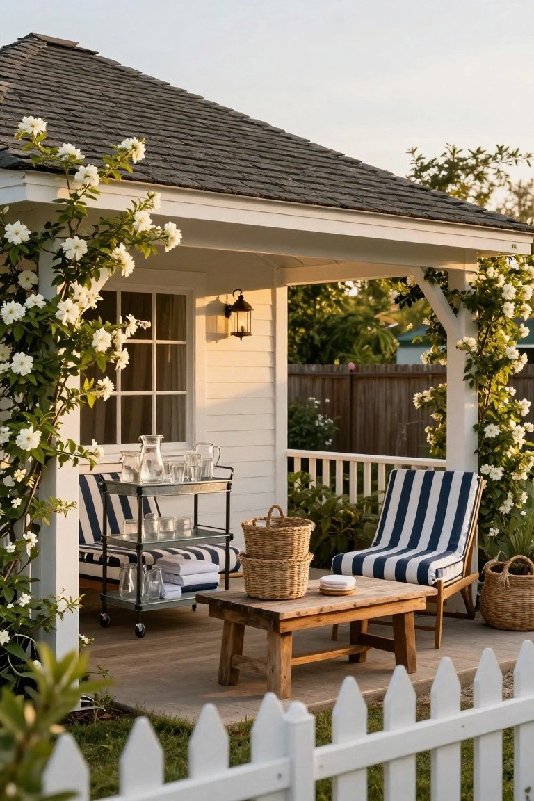 White pool house with covered porch displaying two blue-and-white striped lounge chairs around a wooden coffee table, a metal bar cart holding glasses and a pitcher, climbing white flowers on trellises, hanging lantern, woven baskets, and a white picket fence in front.