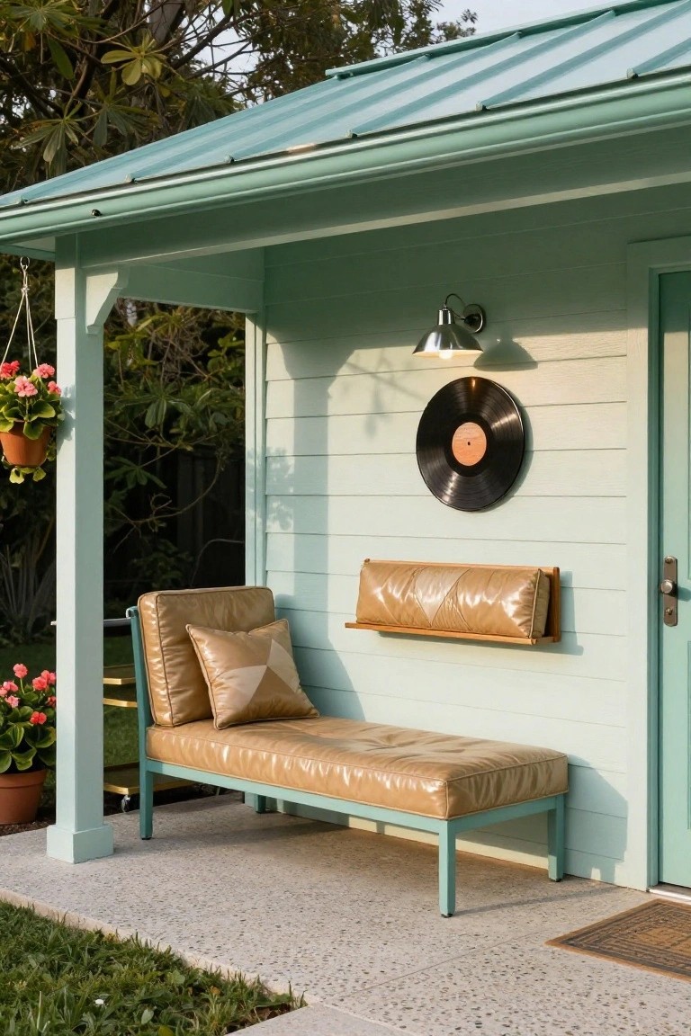 Light green pool house exterior under turquoise metal roof with covered porch, beige leather bench with pillows, wooden shelf, wall-mounted black vinyl record, wall light, hanging flower pot, potted plants, and concrete patio edged by grass.