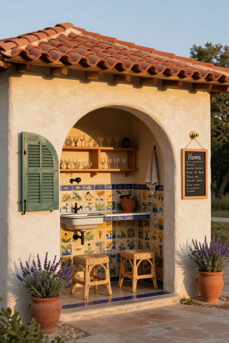 Small outdoor stucco structure with red barrel tile roof and arched open bar alcove containing sink with colorful floral tiles, glass shelves, green shutters, rattan stools, hanging towel, chalkboard menu, and potted lavender plants on stone patio.