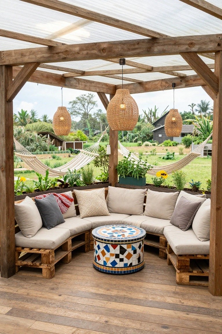 Curved outdoor sofa made from stacked wooden pallets with beige and gray cushions, round mosaic tile table in the center, hanging rattan lanterns, hammocks, and potted plants under a wooden pergola with translucent roof overlooking a tropical garden.