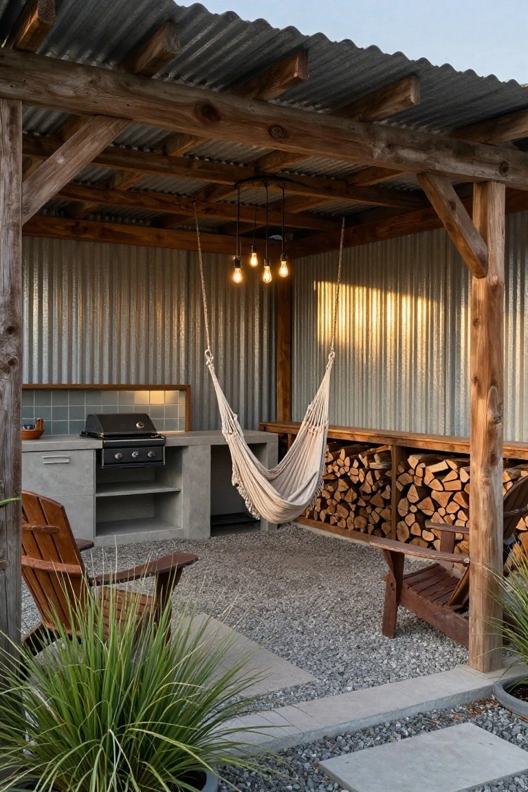 Rustic outdoor pergola with corrugated metal roof and walls on wooden posts, concrete kitchen counter with built-in gas grill, hanging white hammock, two Adirondack chairs, firewood stack, gravel floor, and potted grasses.